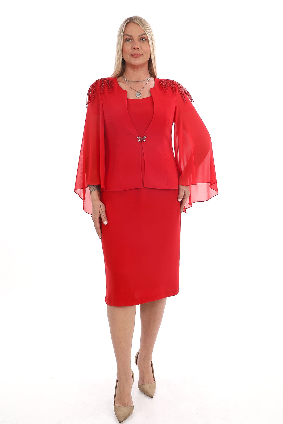 Satin Collar Chiffon Tunic and Sparkly Dress Two Piece Women's Set