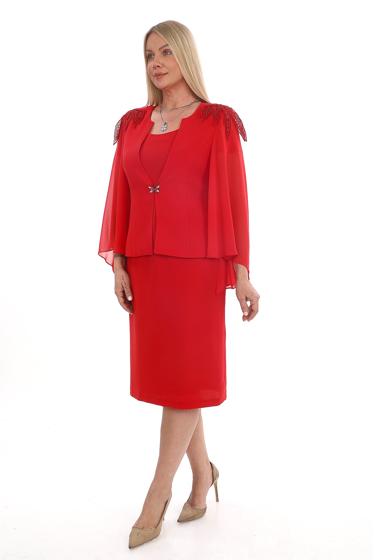 Satin Collar Chiffon Tunic and Sparkly Dress Two Piece Women's Set