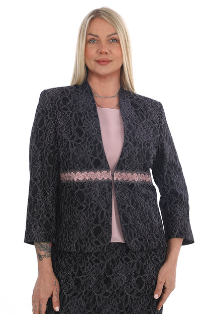 Dantel Desenli Lacivert İkili Takım (Ceket & Elbise)