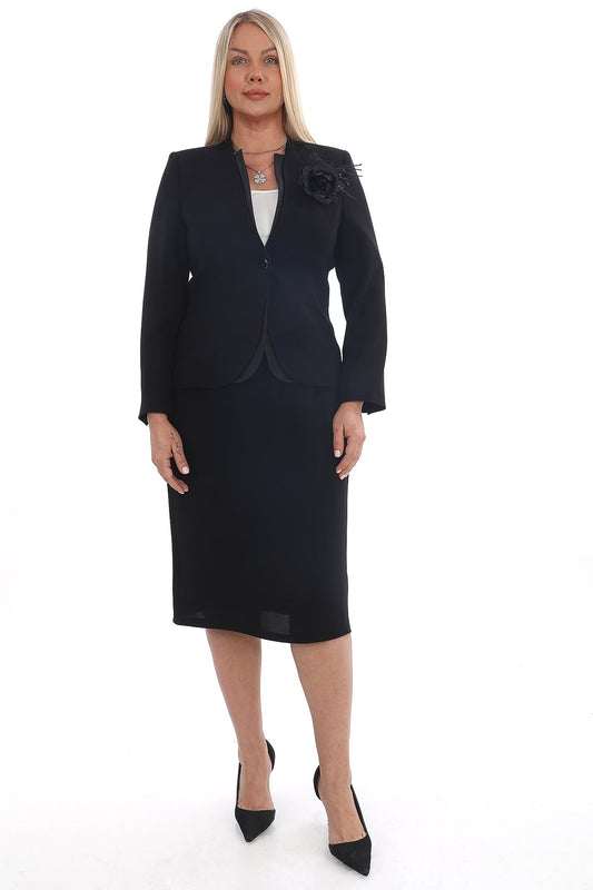 Saten Biyeli Dik Yaka Çiçek Detaylı Ceket ve Etek Kadın Takım