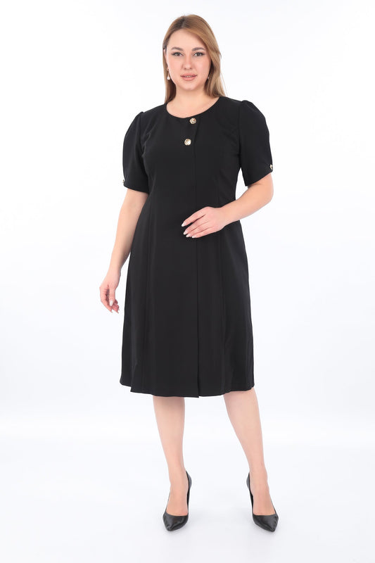 Yuvarlak Yaka Kısa Kollu Metal Düğme Detaylı Yırtmaçlı Elbise