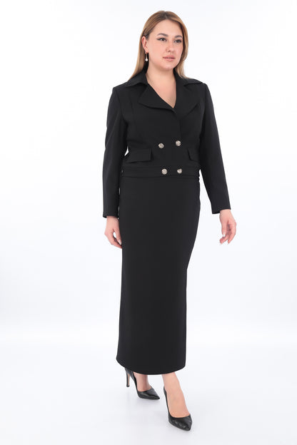 Stylish Double Breasted Jacket Skirt Suit – Black, Navy Blue (38-44)