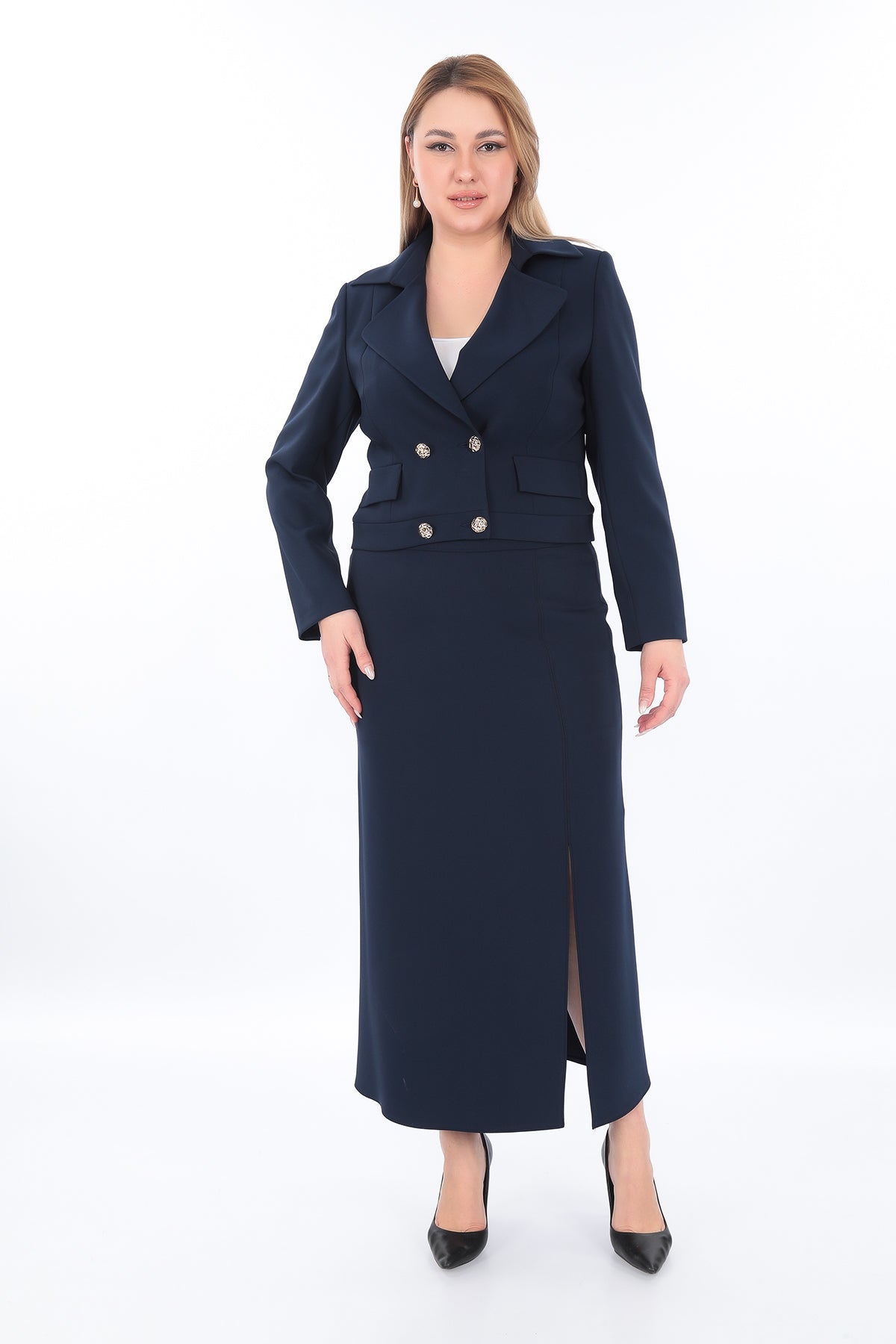 Stylish Double Breasted Jacket Skirt Suit – Black, Navy Blue (38-44)