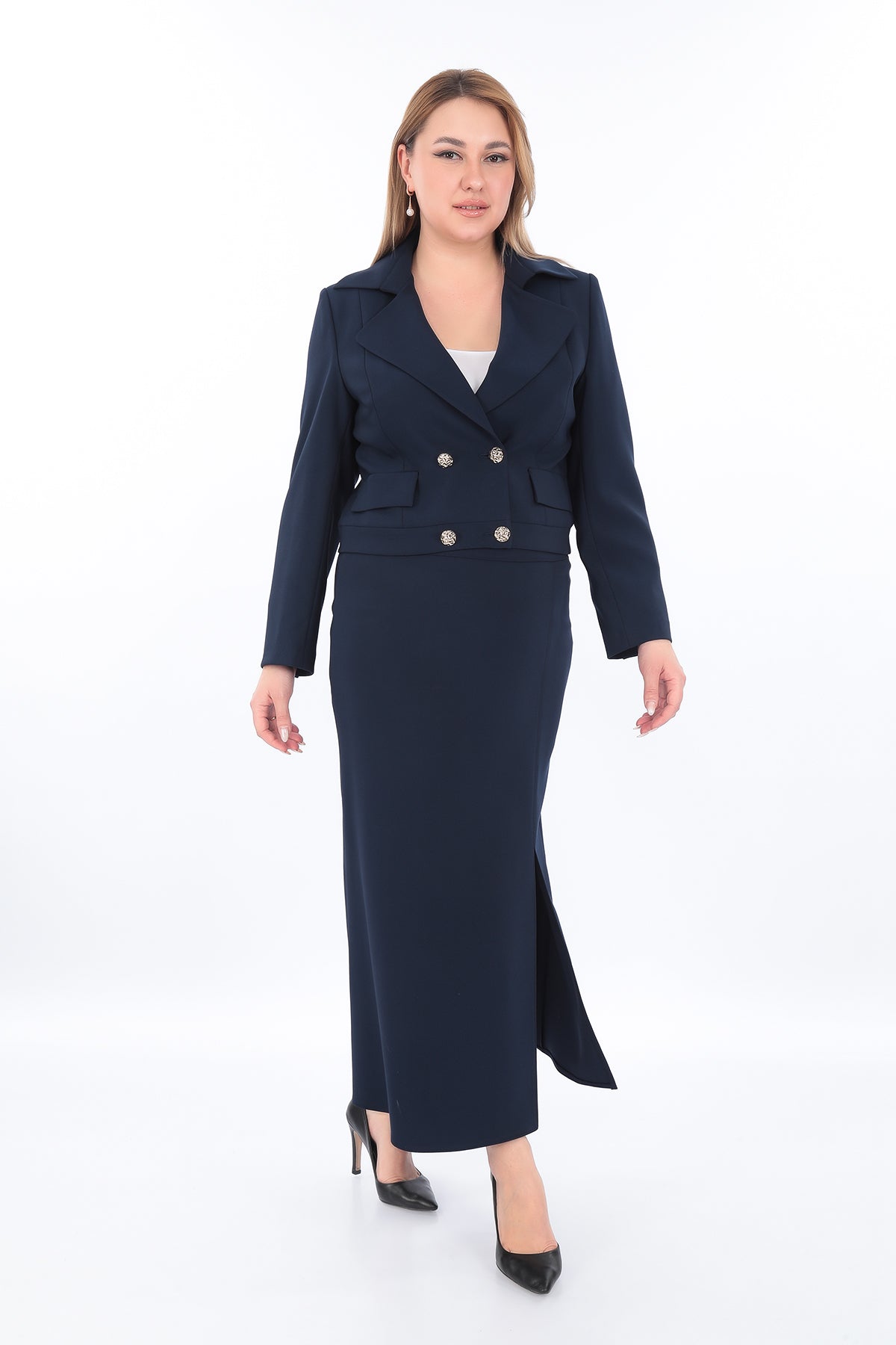 Stylish Double Breasted Jacket Skirt Suit – Black, Navy Blue (38-44)