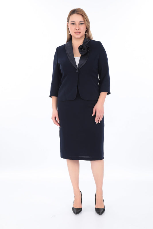 Saten Gül Yaka Truvakar Kol Ceket ve Etek İkili Kadın Takım