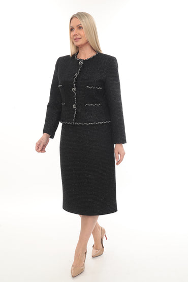 Siyah Düğme Detaylı Klasik Kadın Ceket & Etek Takımı (40–46 Beden)