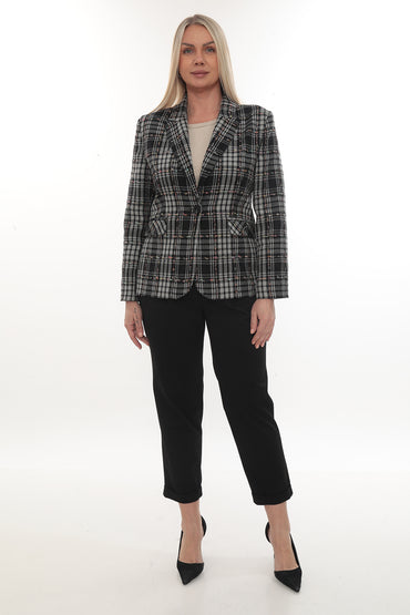 Kadın Siyah Ekose Desenli Klasik Kesim Blazer – Siyah 40-46 Beden Ceket