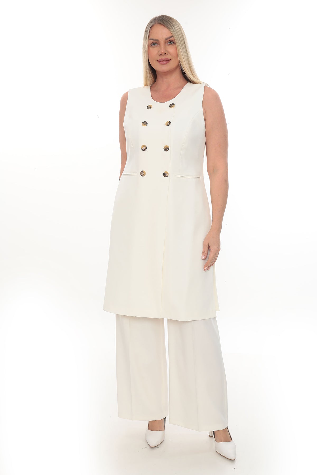 Bej ve Krem Renk Uzun Yelekli ve Pantolon Kadın Takım (40-46 Beden)