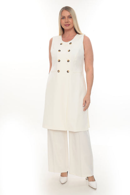 Bej ve Krem Renk Uzun Yelekli ve Pantolon Kadın Takım (40-46 Beden)