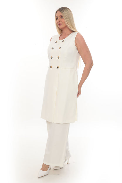 Bej ve Krem Renk Uzun Yelekli ve Pantolon Kadın Takım (40-46 Beden)