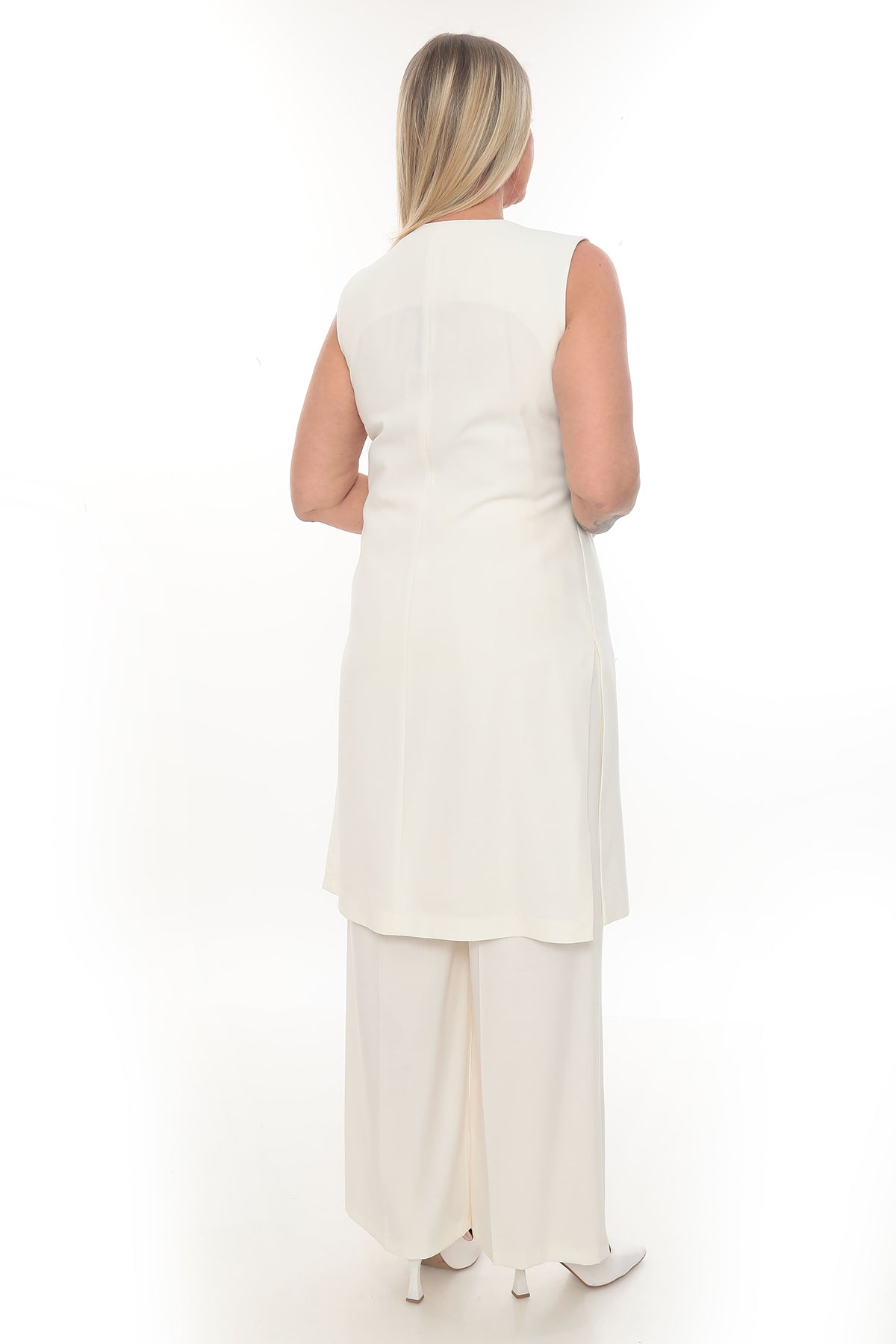 Bej ve Krem Renk Uzun Yelekli ve Pantolon Kadın Takım (40-46 Beden)