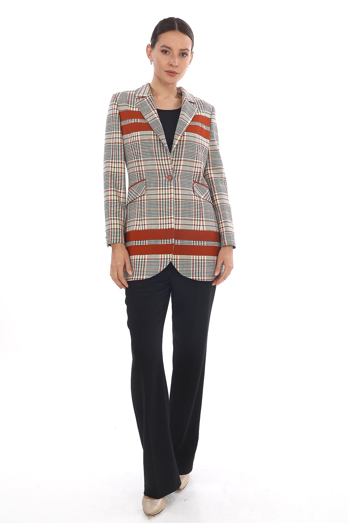 Kadın Kareli Desenli Tek Düğmeli Blazer Ceket