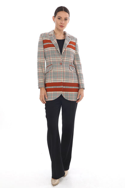 Kadın Kareli Desenli Tek Düğmeli Blazer Ceket
