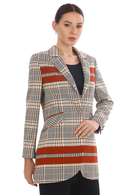 Kadın Kareli Desenli Tek Düğmeli Blazer Ceket