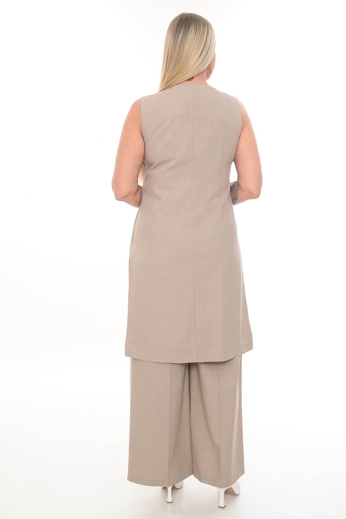 Bej ve Krem Renk Uzun Yelekli ve Pantolon Kadın Takım (40-46 Beden)
