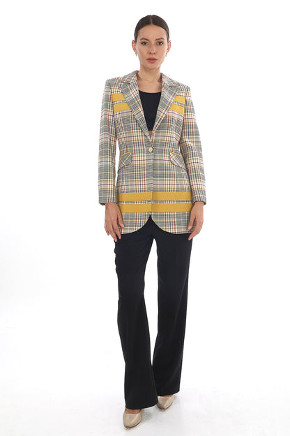 Kadın Kareli Desenli Tek Düğmeli Blazer Ceket