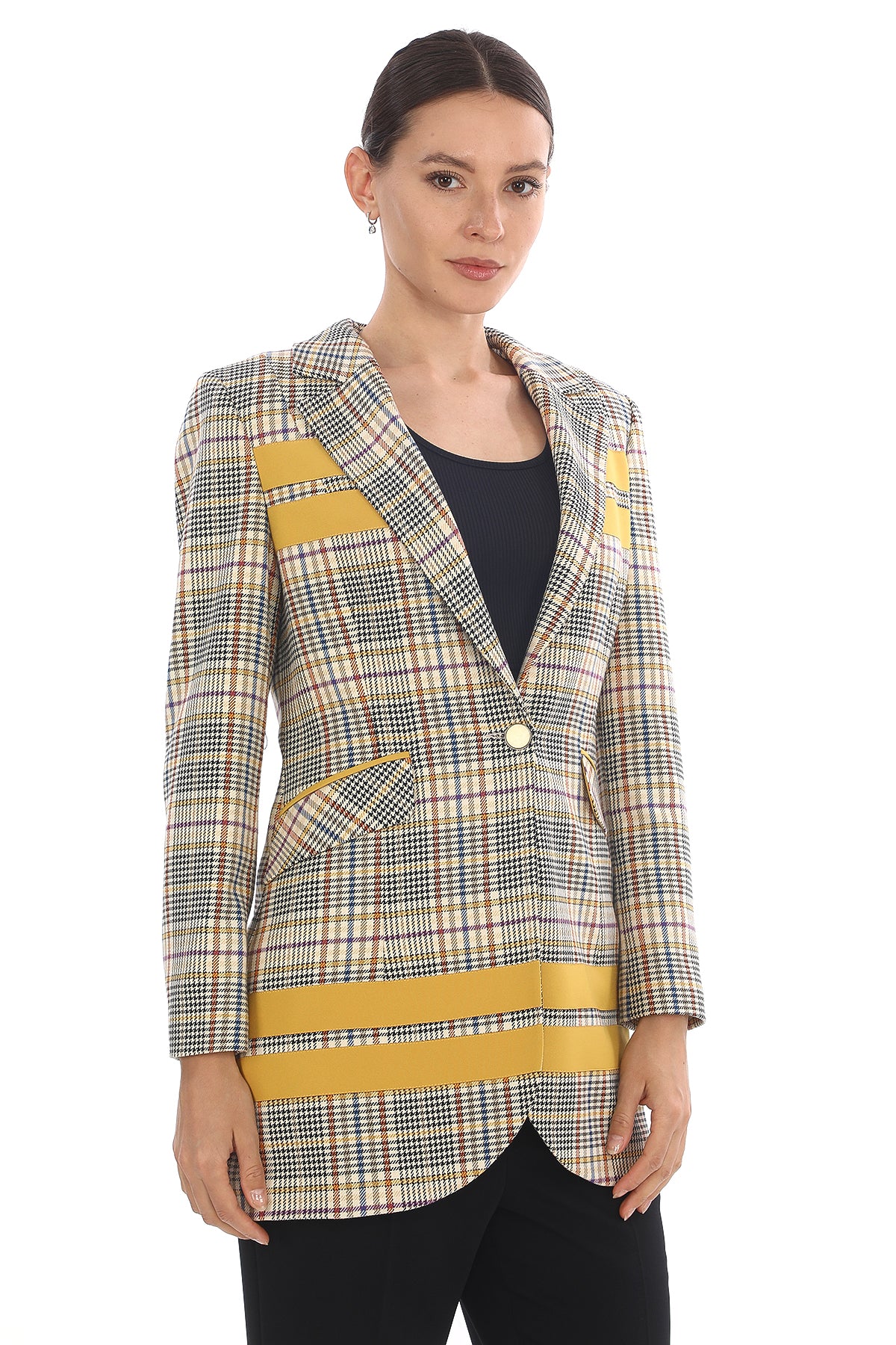 Kadın Kareli Desenli Tek Düğmeli Blazer Ceket