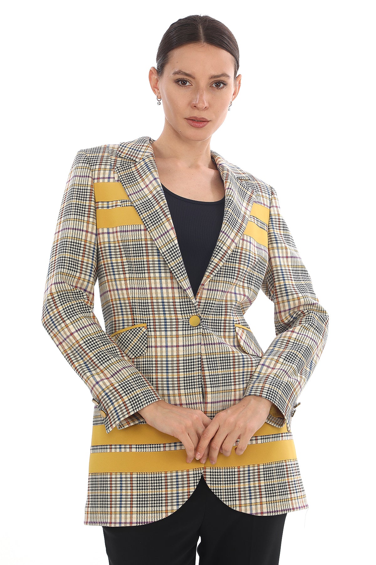Kadın Kareli Desenli Tek Düğmeli Blazer Ceket