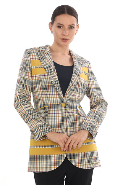 Kadın Kareli Desenli Tek Düğmeli Blazer Ceket
