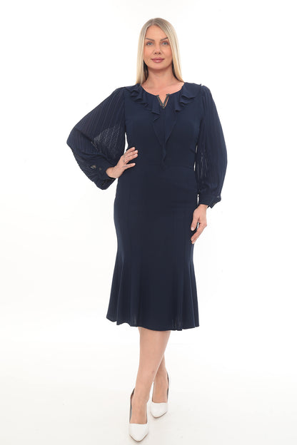 Şifon Kollu Şık Volan Detaylı Elbise 42-48