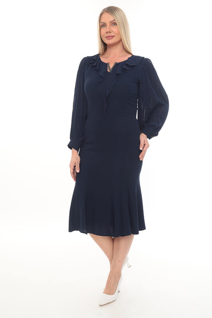 Şifon Kollu Şık Volan Detaylı Elbise 42-48