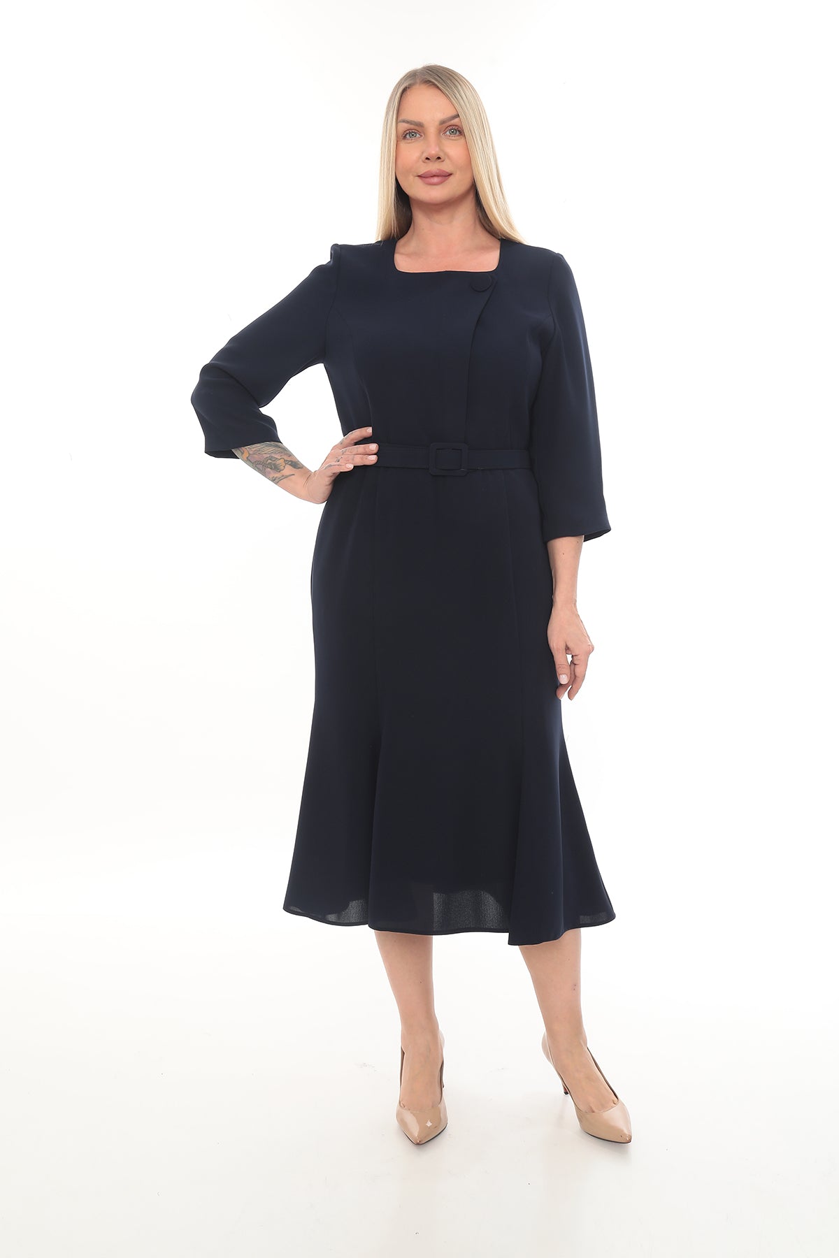 Kırmızı Siyah Renkli ve Lacivert Elbise - 42-48