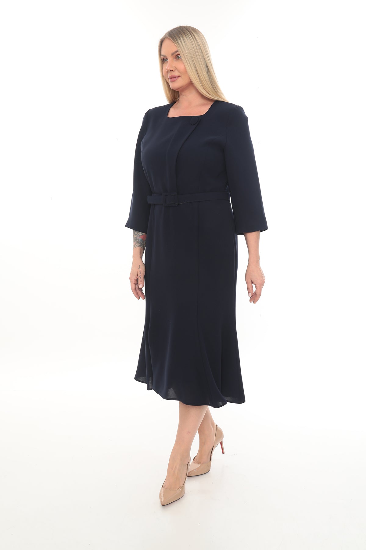 Kırmızı Siyah Renkli ve Lacivert Elbise - 42-48