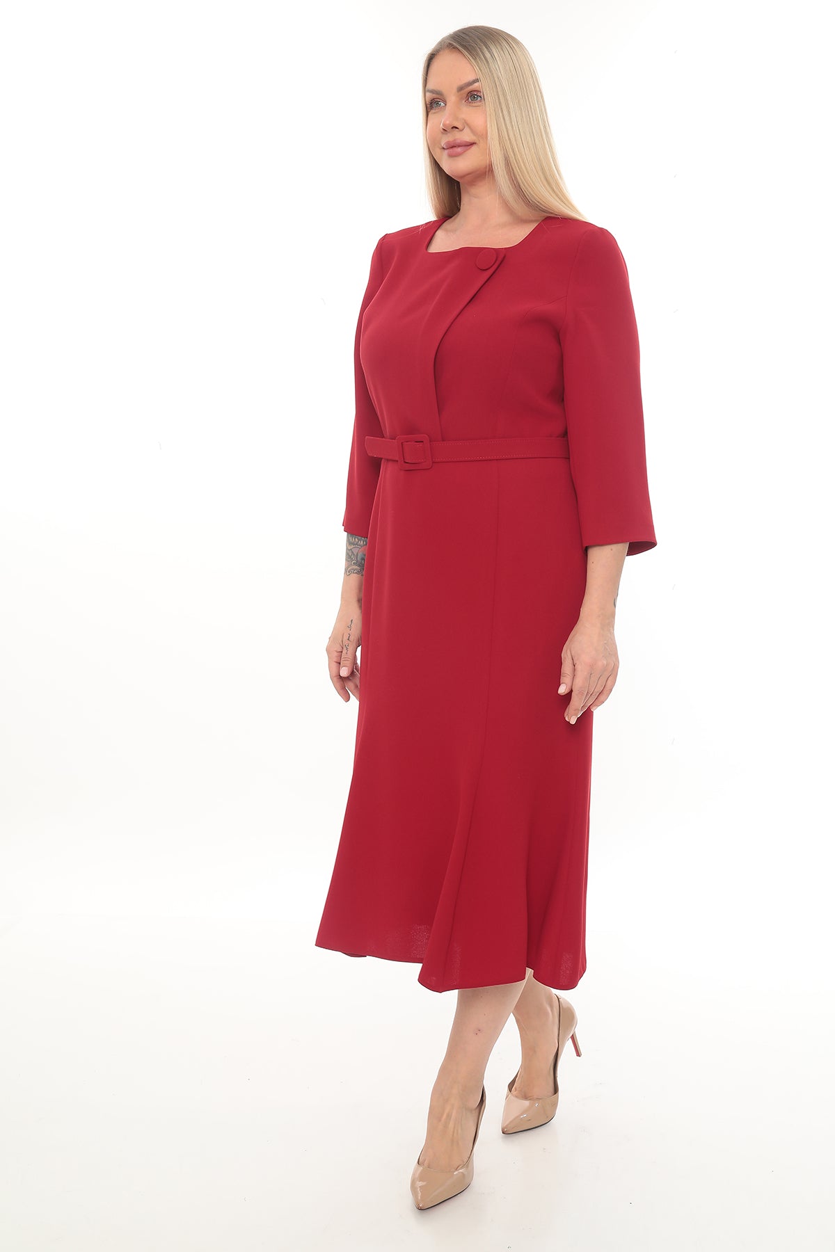 Kırmızı Siyah Renkli ve Lacivert Elbise - 42-48