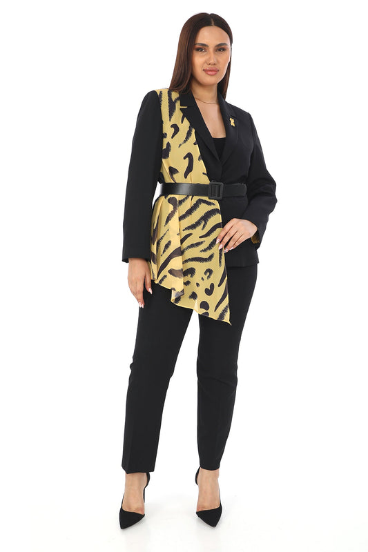 Beli Kemerli Şifon Şallı Siyah Ceket ve Pantolon İkili Kadın Takım
