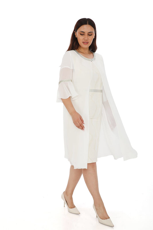 Taş Detaylı Yaka Uzun Ceket ve Şifon Kollu Elbise