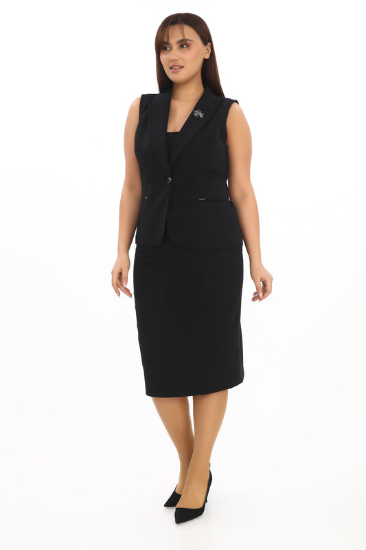 Sıfır Kollu Erkek Yaka Yelek ve Etek İkili Kadın Takım