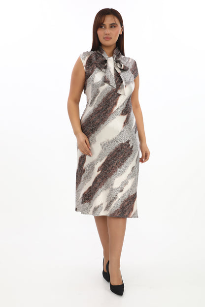 Fular Yaka Desenli Saten Elbise (38-48 Beden)