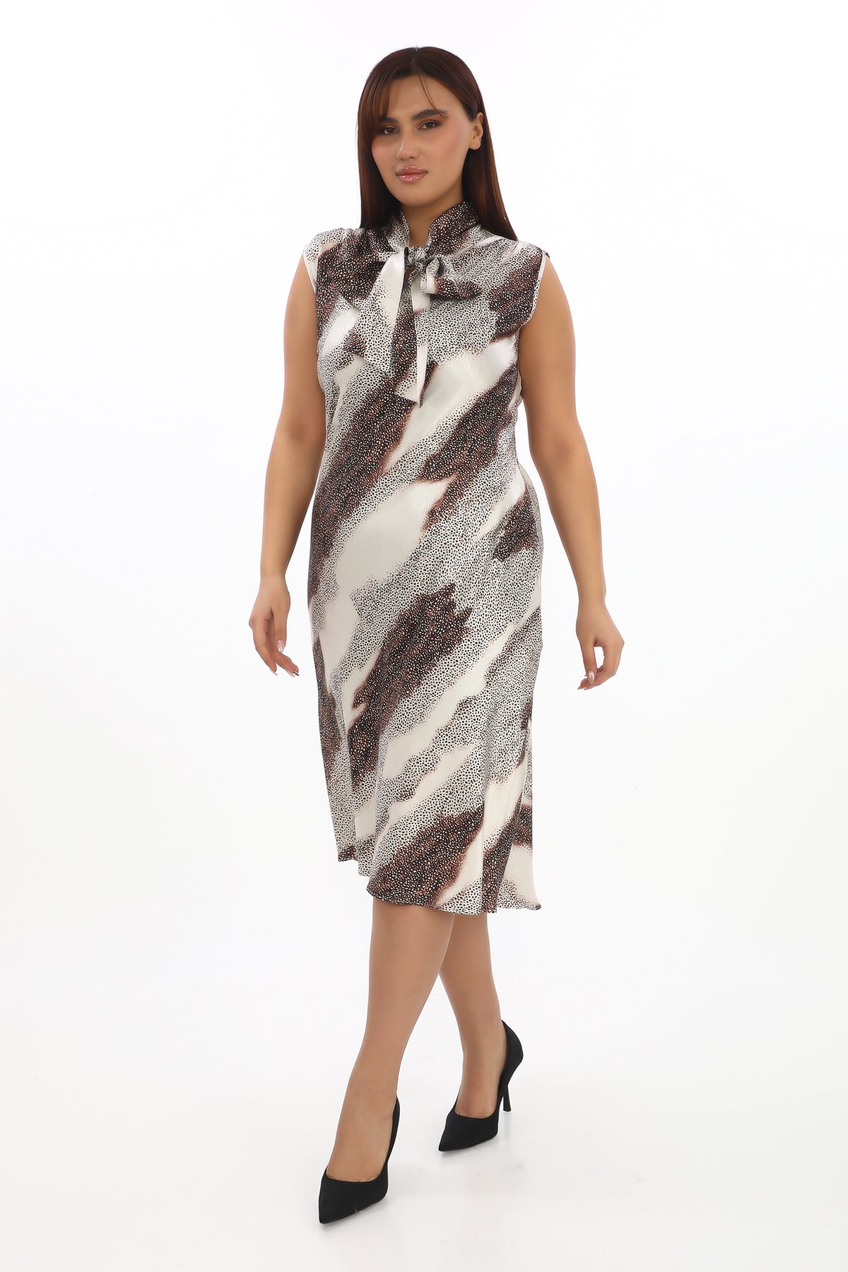 Fular Yaka Desenli Saten Elbise (38-48 Beden)