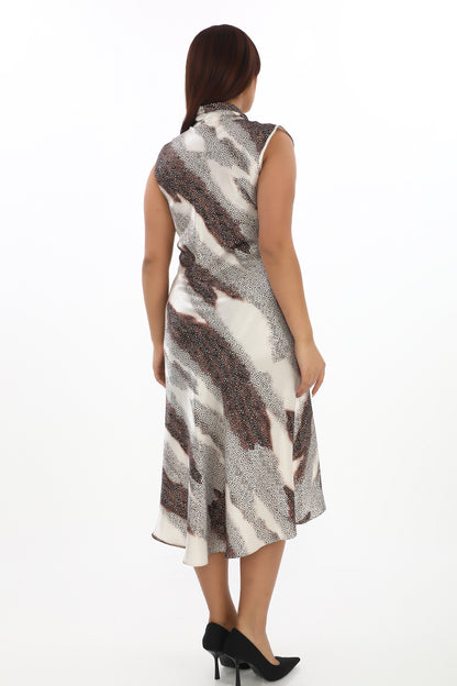 Fular Yaka Desenli Saten Elbise (38-48 Beden)