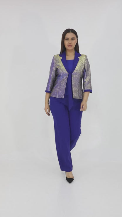 Saks Mavisi Pantolon & Altın Detaylı Ceket Üçlü Takım (Ceket + Bluz + Pantolon)