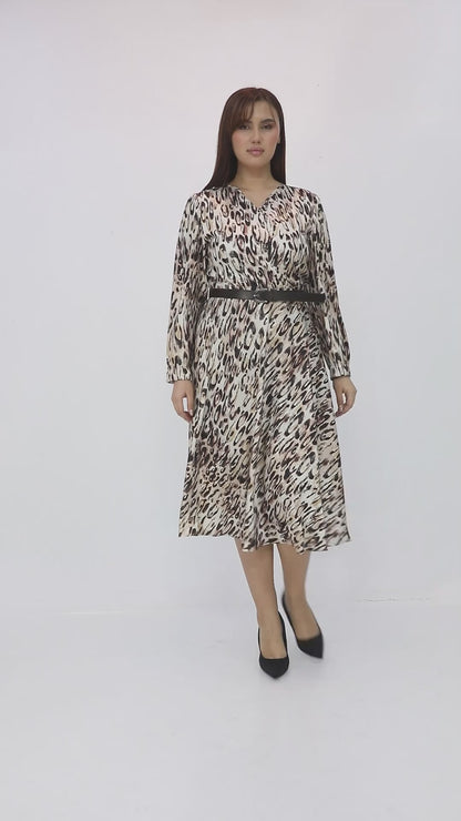 Leopar Desenli Kuşaklı V Yaka Midi Elbise