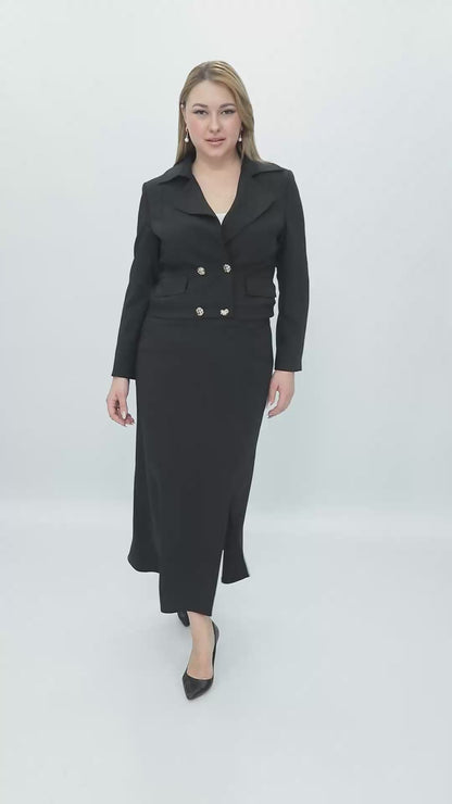 Stylish Double Breasted Jacket Skirt Suit – Black, Navy Blue (38-44)