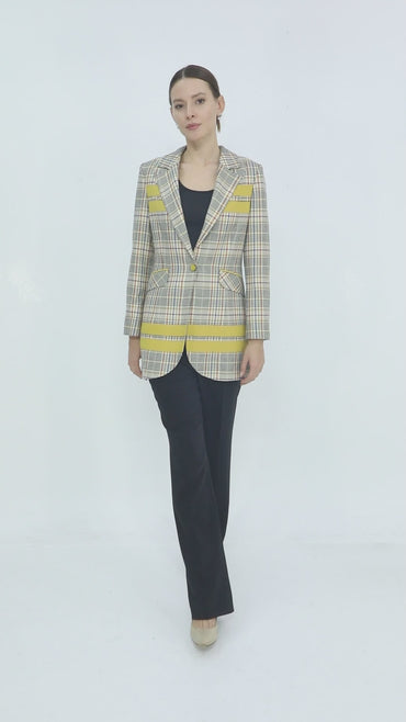 Kadın Kareli Desenli Tek Düğmeli Blazer Ceket