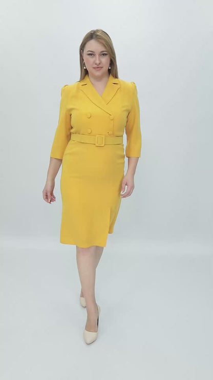 Önden Yırtmaçlı Kemerli Erkek Yaka Kadın Elbise